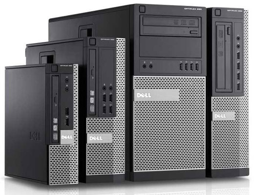    Four OptiPlex 790 in four form factors side by side, all facing slightly to the right, from left to right: Ultra Small Form Factor, Small Form Factor, Mini Tower, and Desktop